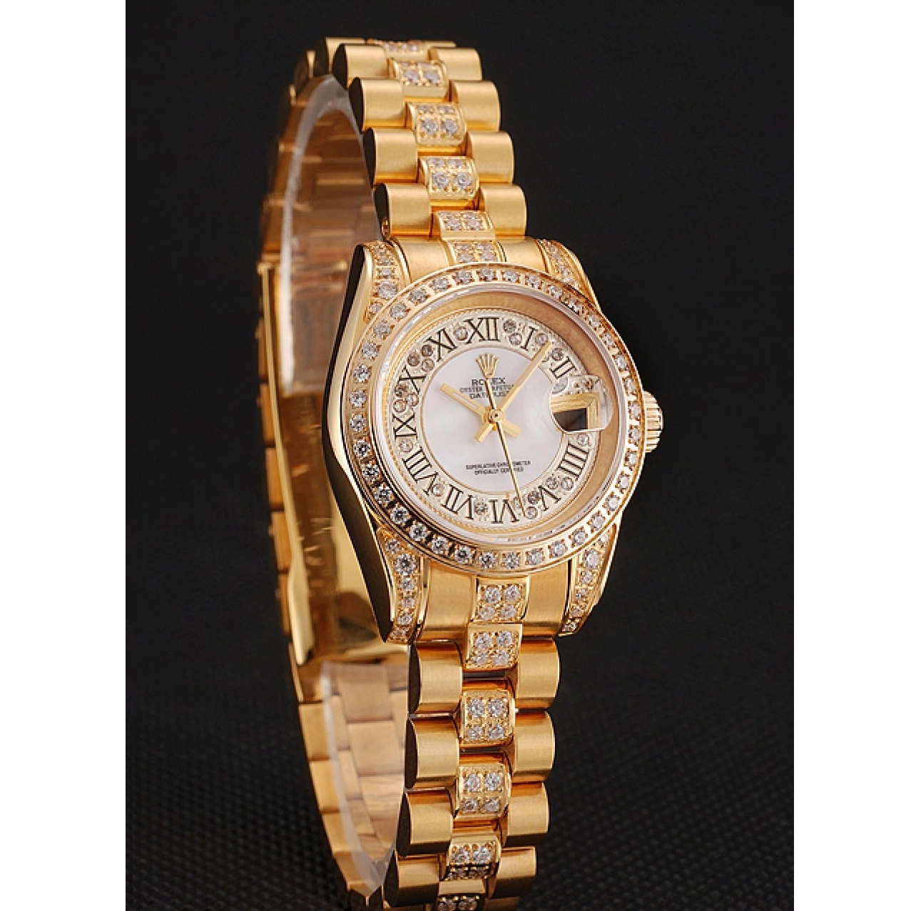 Aaa replica watch Diamond Swiss 1453957 Pave White Dial Bracelet DayJust Rolex Diamond Gold 0625